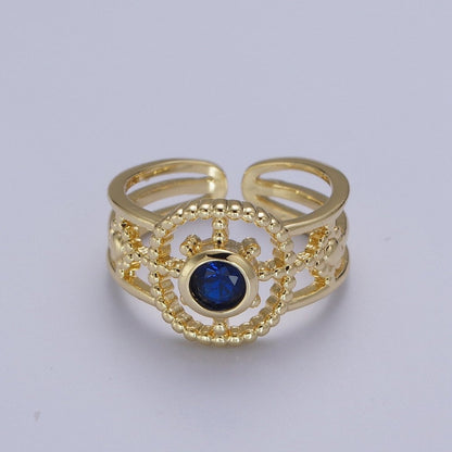 Green, Pink, Blue, Fuchsia, Purple, Black CZ Beaded Bubble Celestial Sun Flower Double Band Ring | O078 - O083
