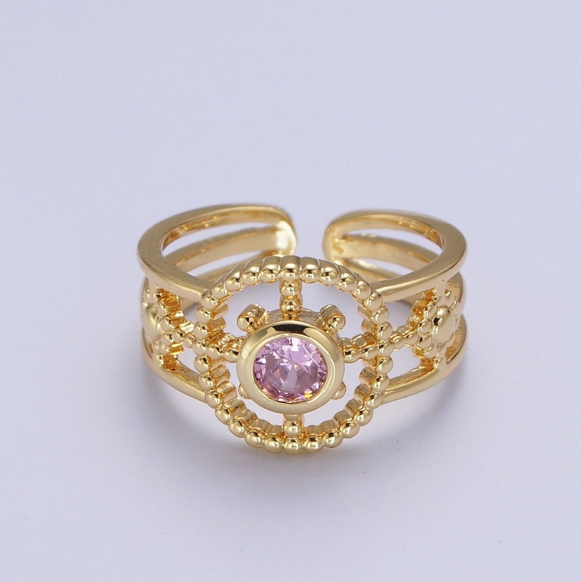 Green, Pink, Blue, Fuchsia, Purple, Black CZ Beaded Bubble Celestial Sun Flower Double Band Ring | O078 - O083