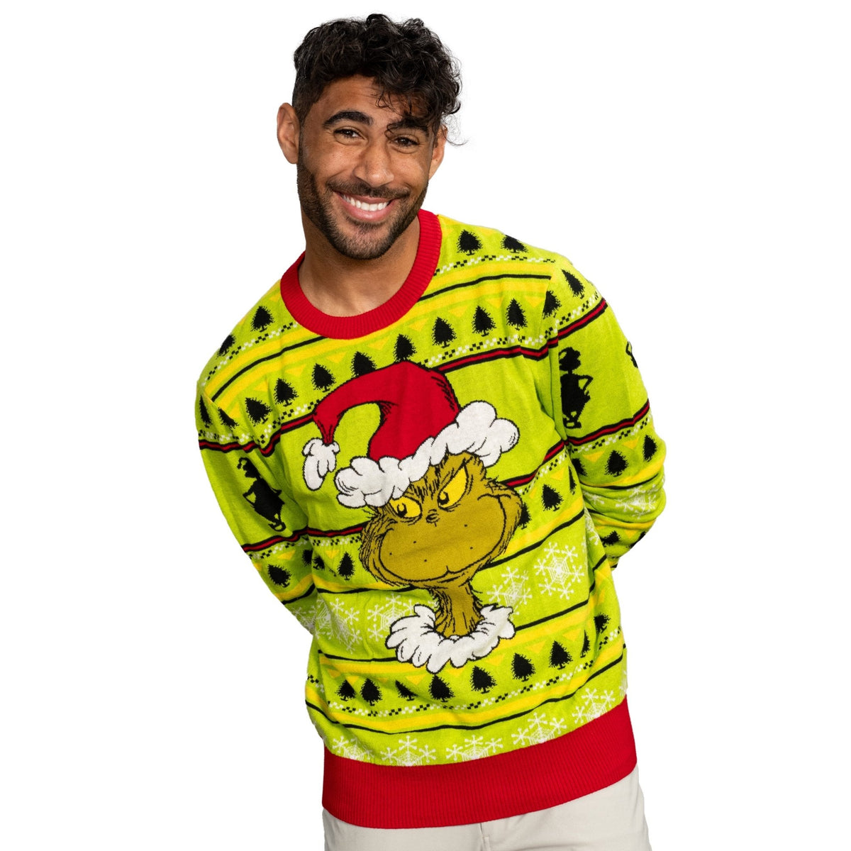 Grinch Head Santa Hat Wreath Sweater