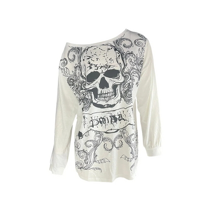 Skull Print Long Sleeve T-Shirt – Grunge Y2K Punk Pullover Top