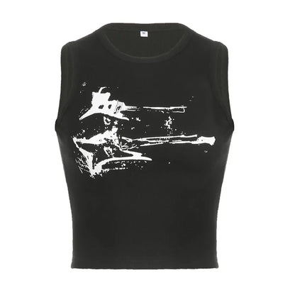 Guitar Print Tank Top - Ribbed Grunge Crop Top