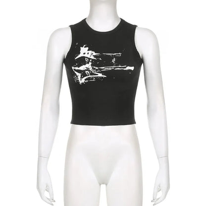 Guitar Print Tank Top - Ribbed Grunge Crop Top