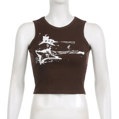 Guitar Print Tank Top - Ribbed Grunge Crop Top