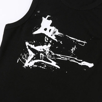 Guitar Print Tank Top - Ribbed Grunge Crop Top