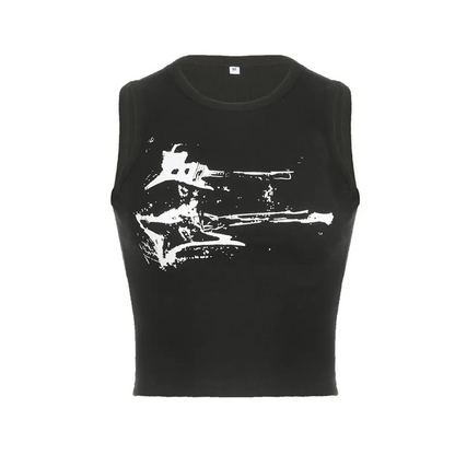 Guitar Print Tank Top - Ribbed Grunge Crop Top