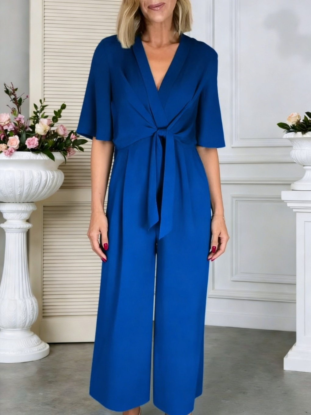 V-Neck Tie-Front Short Sleeve Jumpsuit