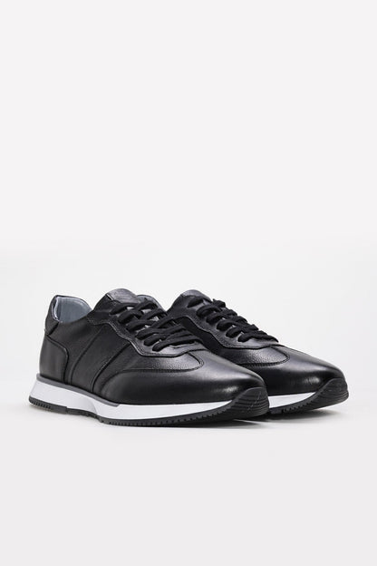 Black Leather Retro Runner Sneakers with White Sole | Wessi