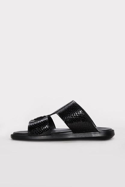 Black Embossed Leather Double-Strap Sandals for Men | Wessi