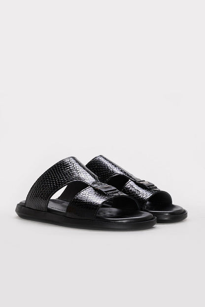 Black Embossed Leather Double-Strap Sandals for Men | Wessi