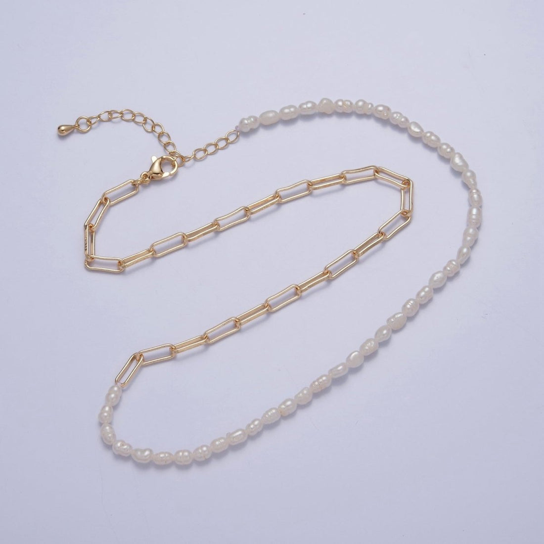 Half Pearl Half chain necklace in 18k gold fill | Layer Necklace Gold Paper Clip chain with White Freshwater Pearl | WA-1064 Clearance Pricing