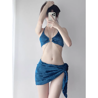 Black Chain Ring Halter Bikini Set – Korean Sexy Swimwear 3PCS Skirt