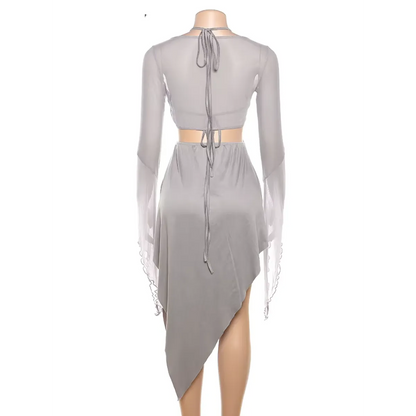 Gray Mesh Two-Piece Set – Halter Cutout Dress &amp; Lace-Up Top