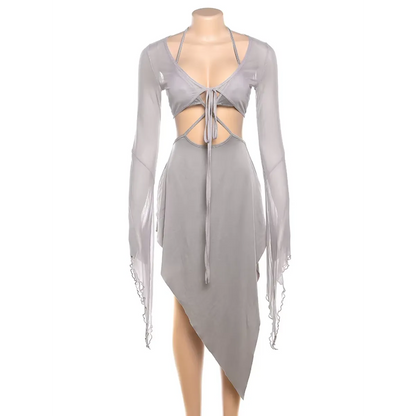 Gray Mesh Two-Piece Set – Halter Cutout Dress &amp; Lace-Up Top