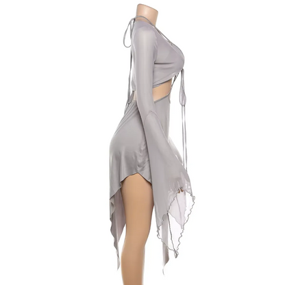 Gray Mesh Two-Piece Set – Halter Cutout Dress &amp; Lace-Up Top