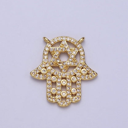 Hamsa Hand w. Star of David Clear Micro Paved CZ Gold Link Connector | Y-668