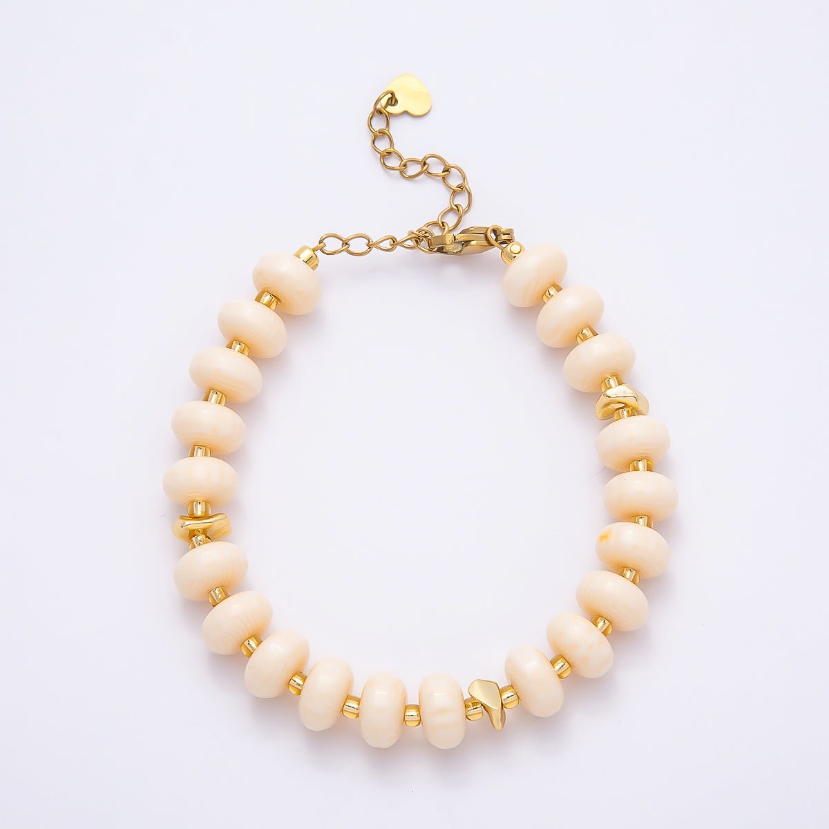 Handmade 10mm Round Flat Rondelle Bead Resin 7.5 Inch Bracelet w/ Extender Gold Pvd Stainless Steel | WA-04613 - WA-04618