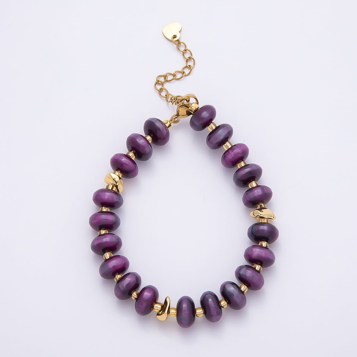 Handmade 10mm Round Flat Rondelle Bead Resin 7.5 Inch Bracelet w/ Extender Gold Pvd Stainless Steel | WA-04613 - WA-04618