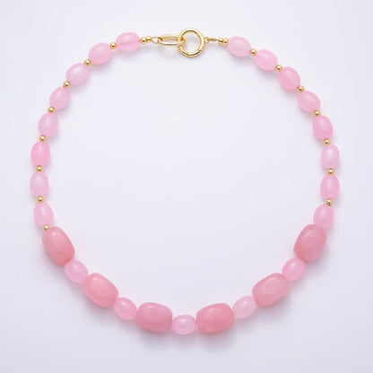Handmade 16K Gold Filled 15mm Pink Quartz Gradient Rectangle Gemstone Chain 19 Inch Necklace w. Dual Push Gate Charm Holder | WA-01503