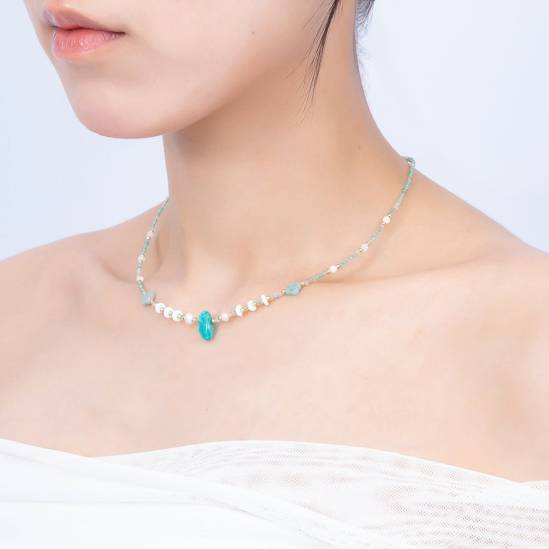 Handmade 2mm Amazonite Shell Pearl Bead Gemstone Chain 16 Inch Necklace | WA-04735