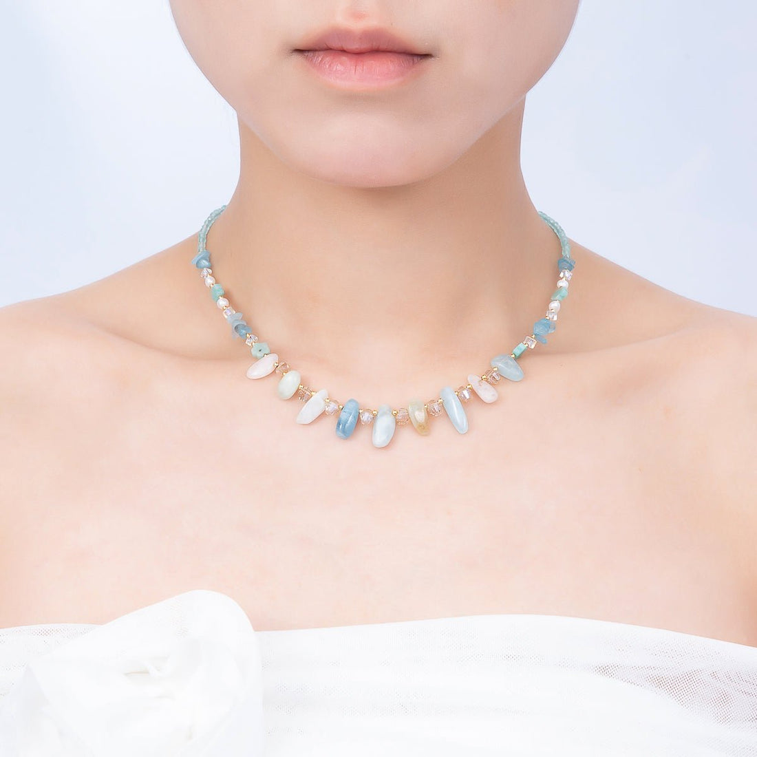 Handmade 3mm Blue Aquamarine Spiked Multifaceted Round Gemstone Chain 16 Inch Necklace | WA-00382