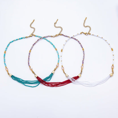 Handmade 3mm Blue, Red, White Crystal Round Tube Multi Layer Gemstone Chain 16.5 Inch Necklace | WA-00811 WA-00827 WA-00835