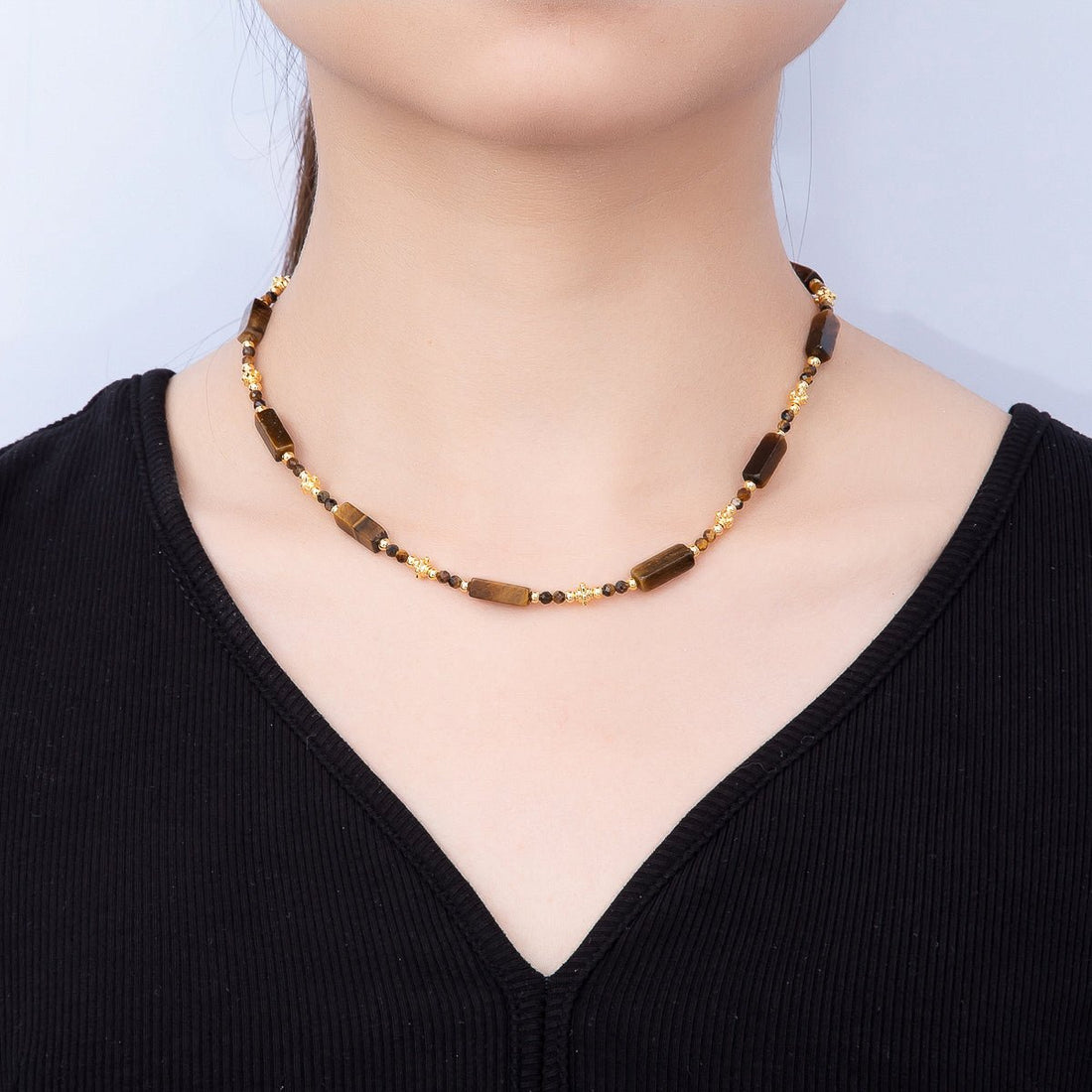 Handmade 3mm Tiger Eye Tube Rectangle Multifaceted Round Gemstone Chain 16.5 Inch Necklace | WA-00427