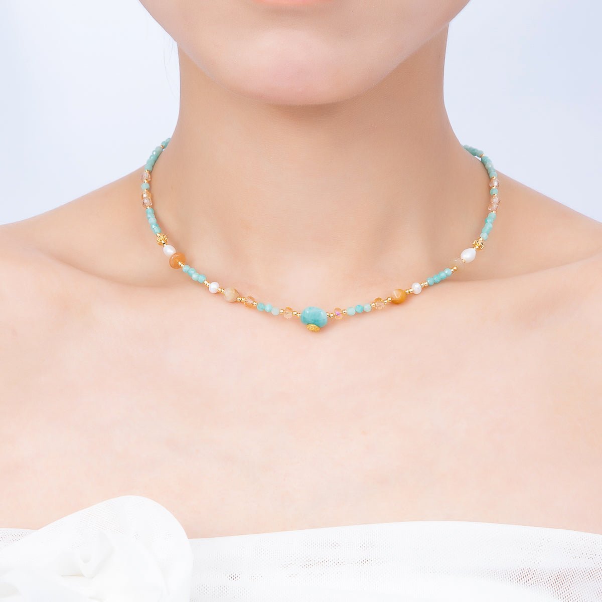 Handmade 4mm Citrine Aquamarine Round Gemstone Chain 16 Inch Necklace | WA-00319