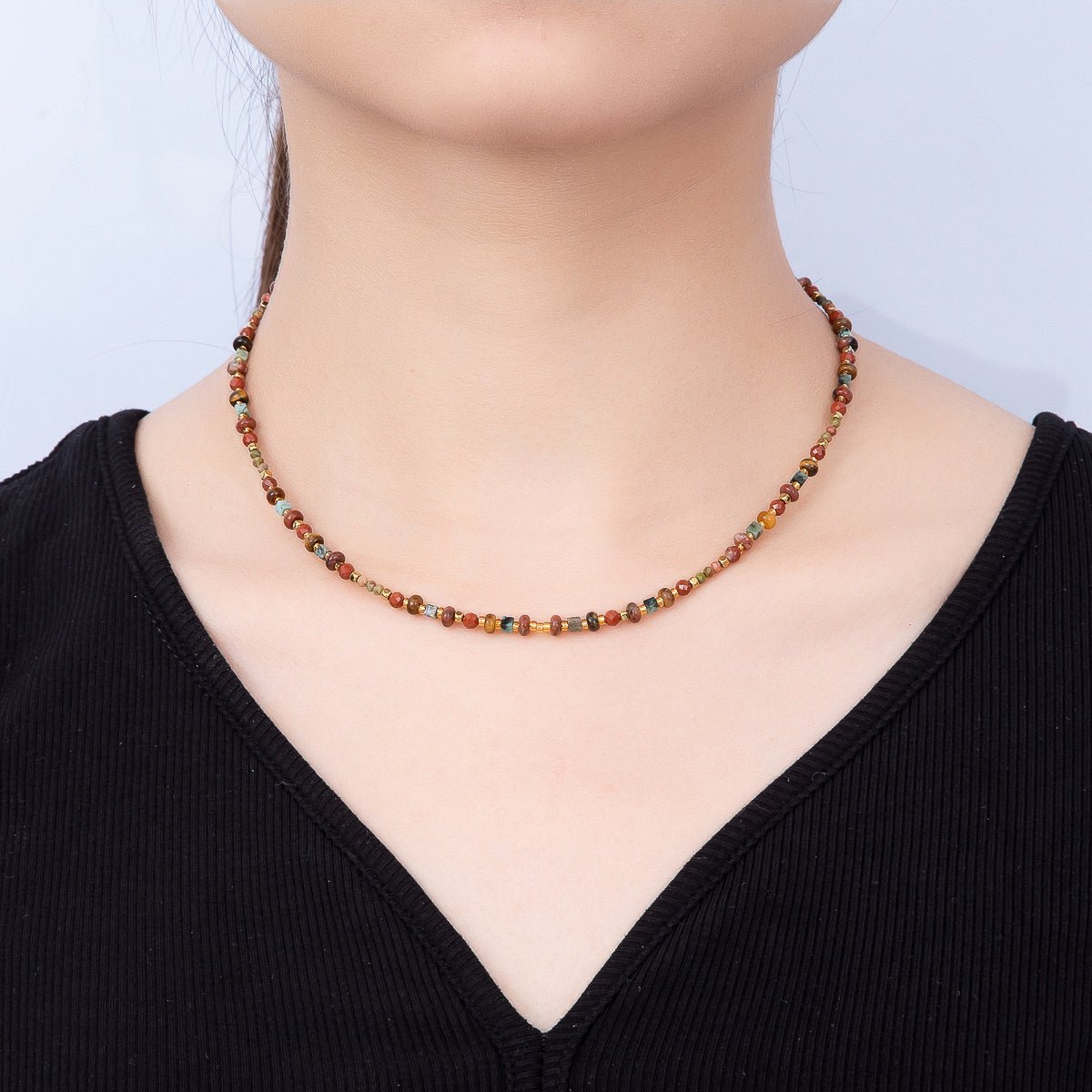 Handmade 4mm Earth Red Jasper Unakite Rondelle Gemstone Chain 16 Inch Necklace | WA-00459