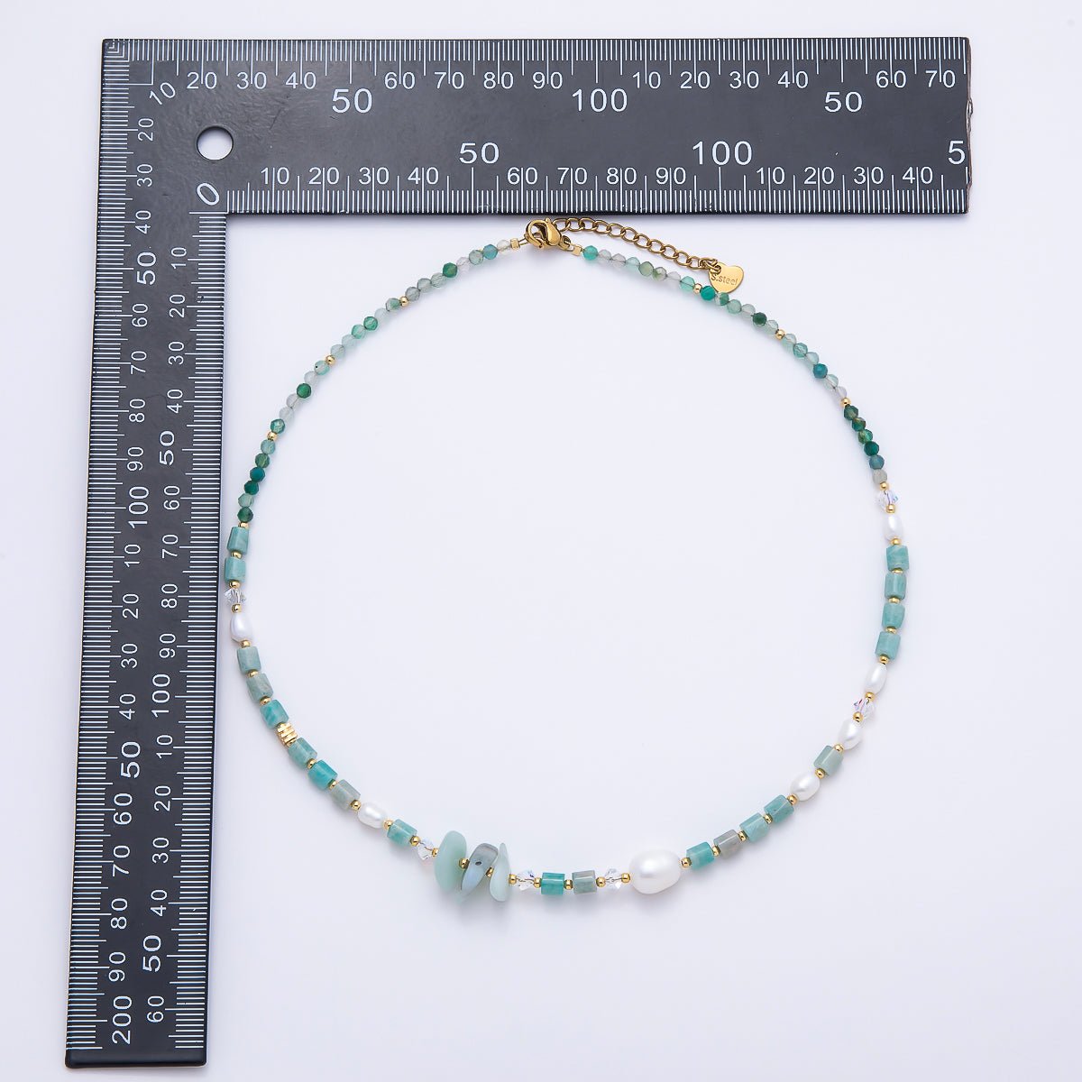 Handmade 4mm Shell Pearl Amazonite Tube Round Gemstone Chain 16 Inch Necklace | WA-00317