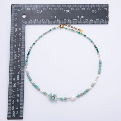 Handmade 4mm Shell Pearl Amazonite Tube Round Gemstone Chain 16 Inch Necklace | WA-00317
