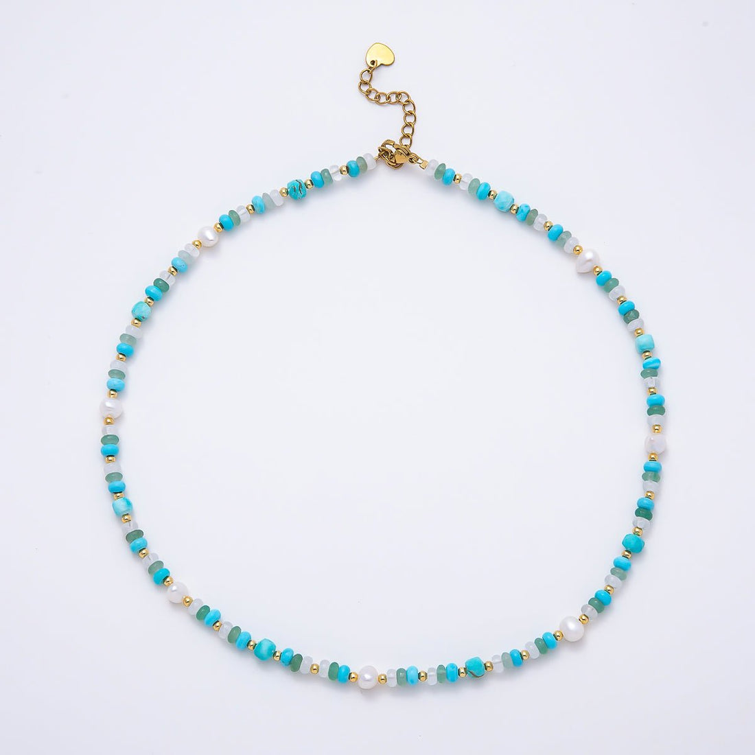 Handmade 4mm Shell Pearl Turquoise Aventurine Clear Quartz Rondelle Gemstone Chain 16 Inch Necklace | WA-00451