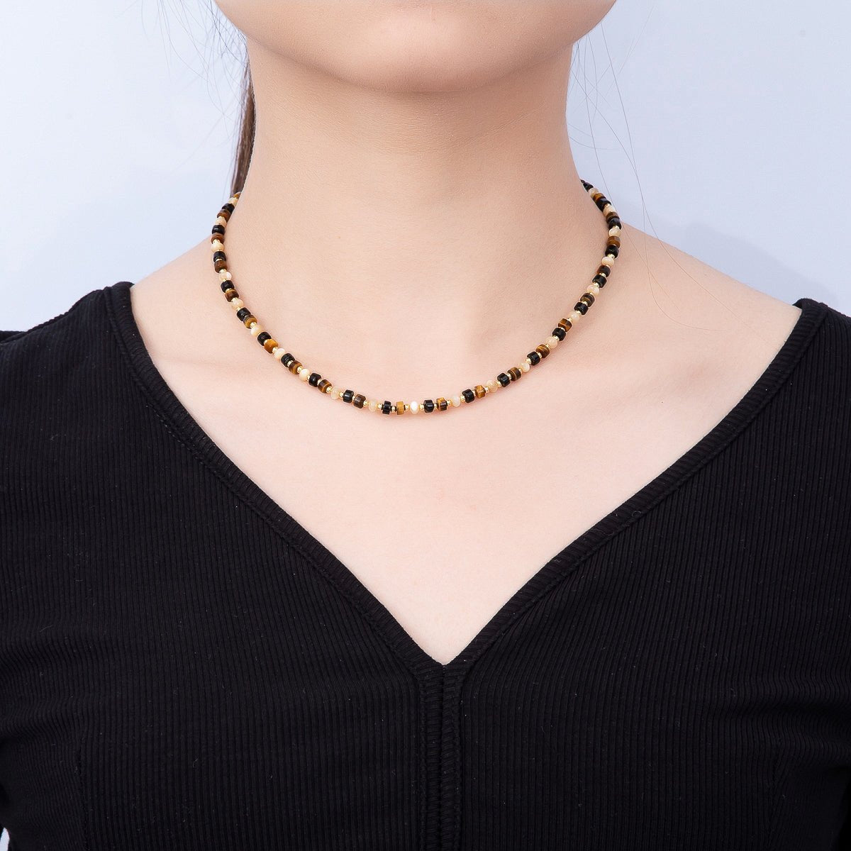 Handmade 4mm Tiger Eye Onyx Tube Rondelle Gemstone Chain 16 Inch Necklace | WA-00436