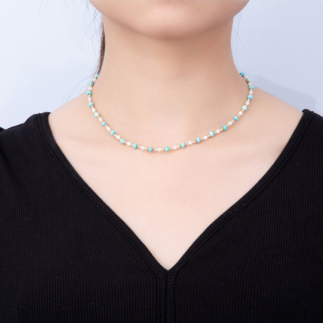Handmade 4mm Turquoise Aventurine White Quartz Rondelle Gemstone Chain 16 Inch Necklace | WA-00453