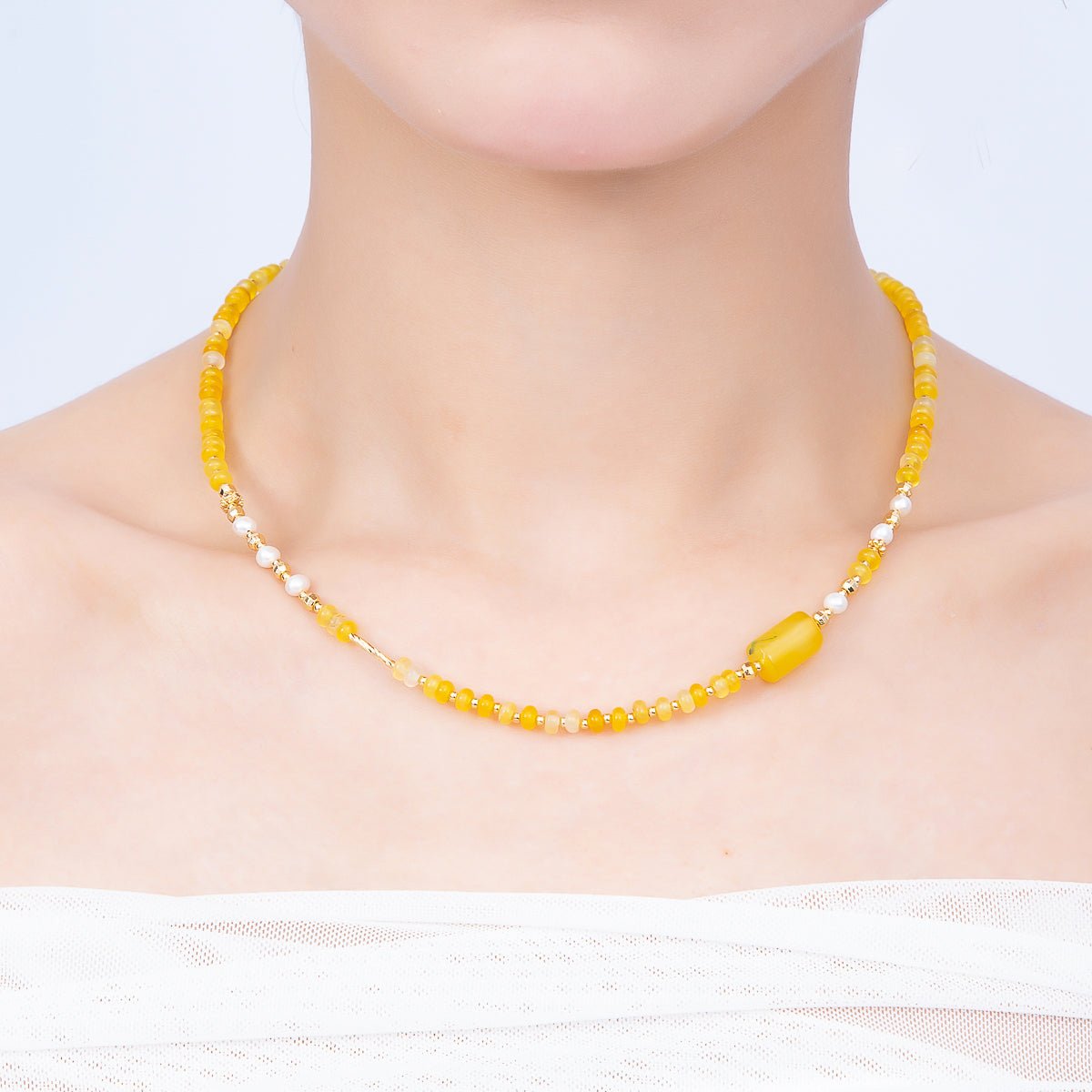 Handmade 4mm Yellow Citrine Shell Pearl Rondelle Gemstone Chain 16 Inch Necklace | WA-04734