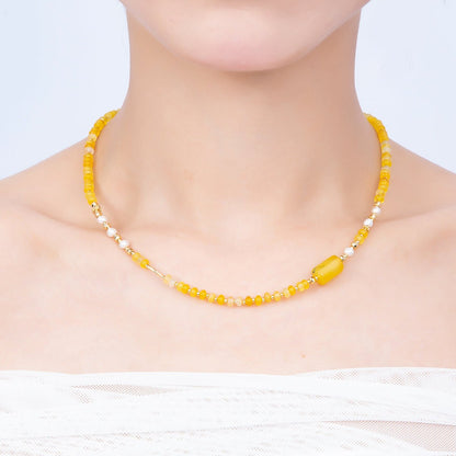 Handmade 4mm Yellow Citrine Shell Pearl Rondelle Gemstone Chain 16 Inch Necklace | WA-04734