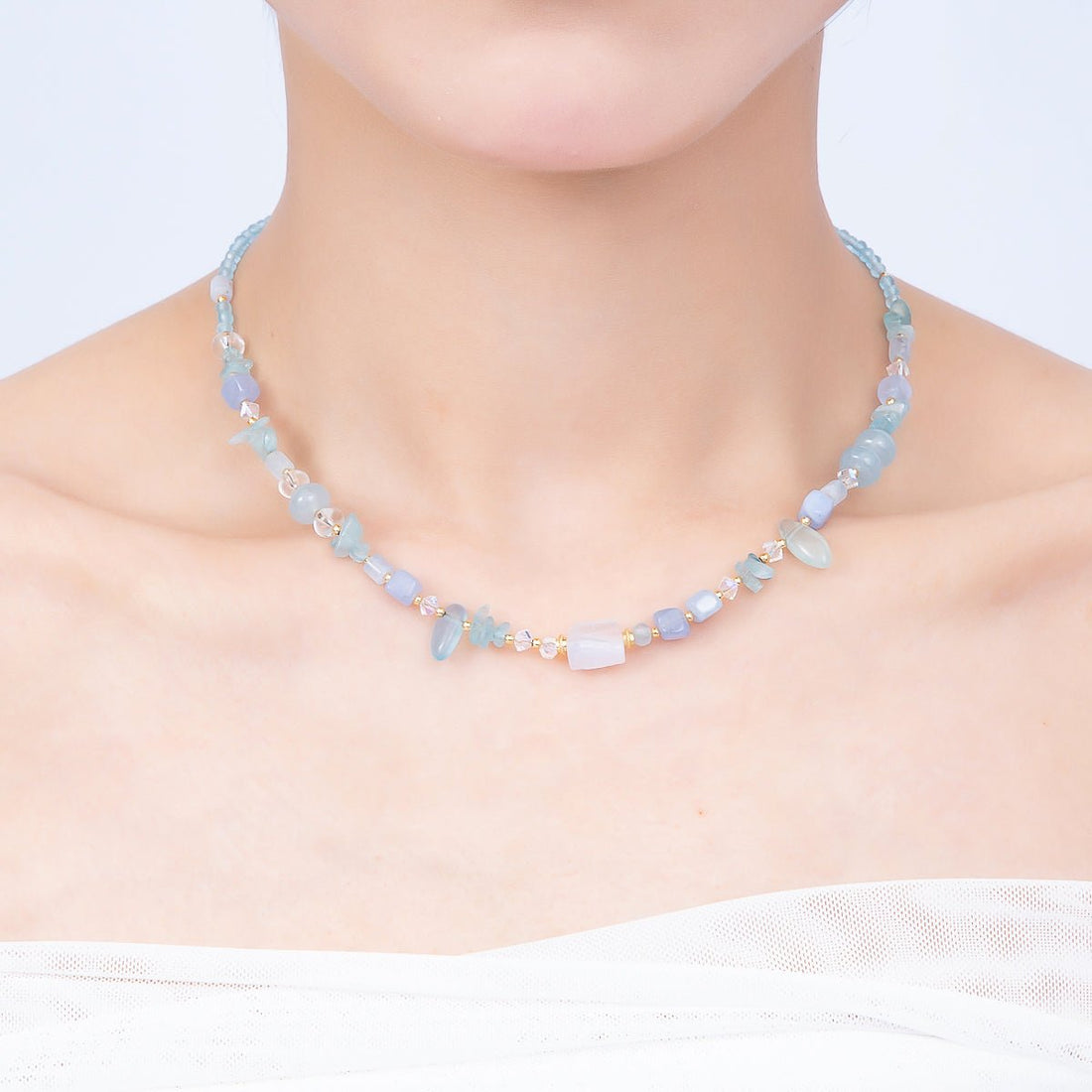 Handmade 5mm Blue Aquamarine Rondelle Pebble Multi Gemstone Chain 16 Inch Necklace | WA-04732