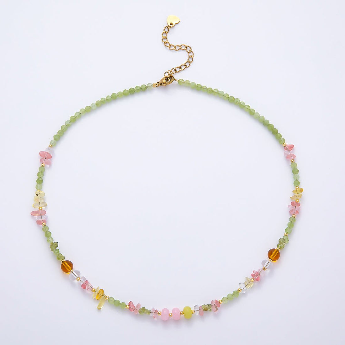 Handmade 5mm Pink Quartz Green Peridot Earth Tone Rondelle Pebble Multi Gemstone Chain 16 Inch Necklace | WA-04733