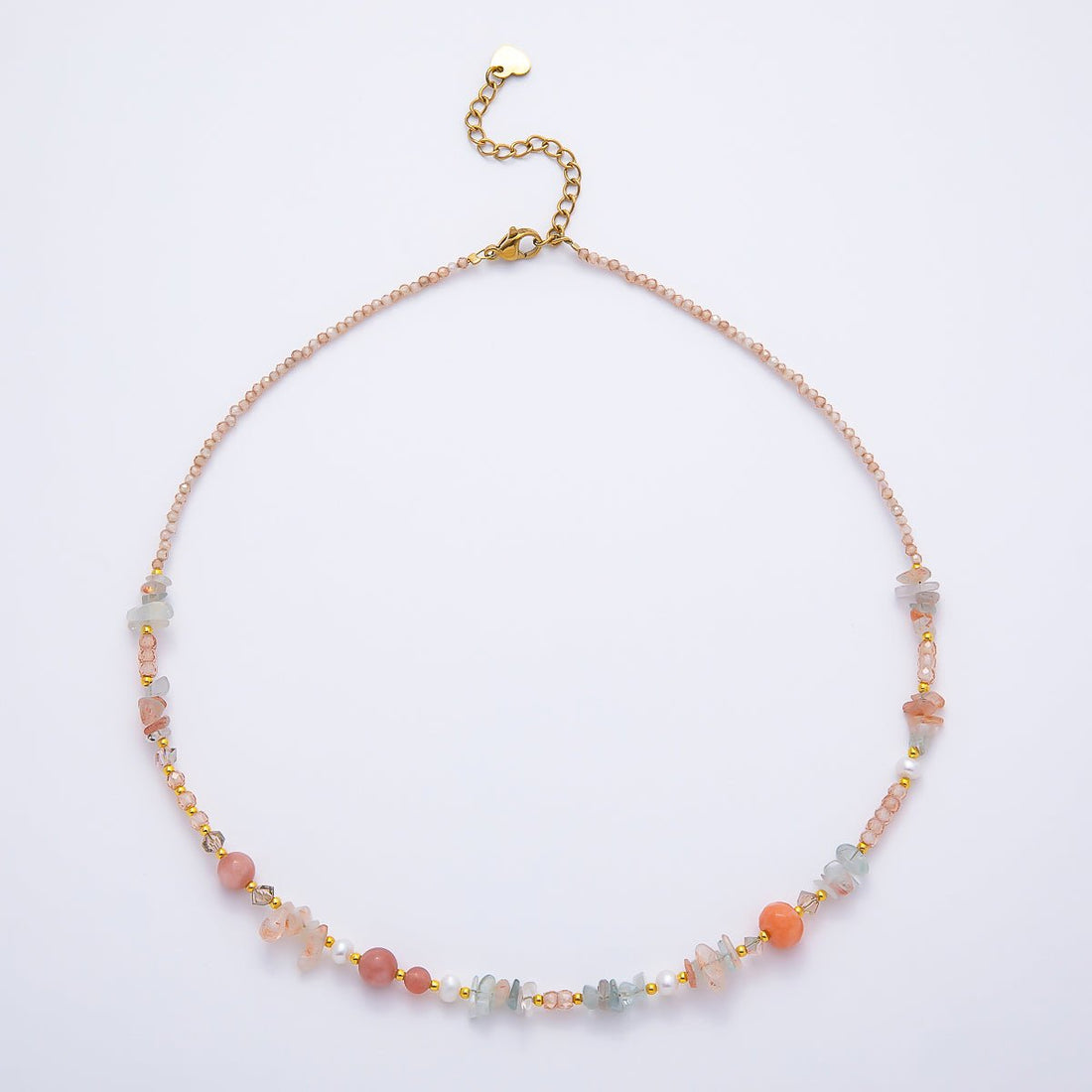 Handmade 5mm Shell Pearl Pink Quartz Blue Aquamarine Round Pebble Gemstone Chain 16 Inch Necklace | WA-04737