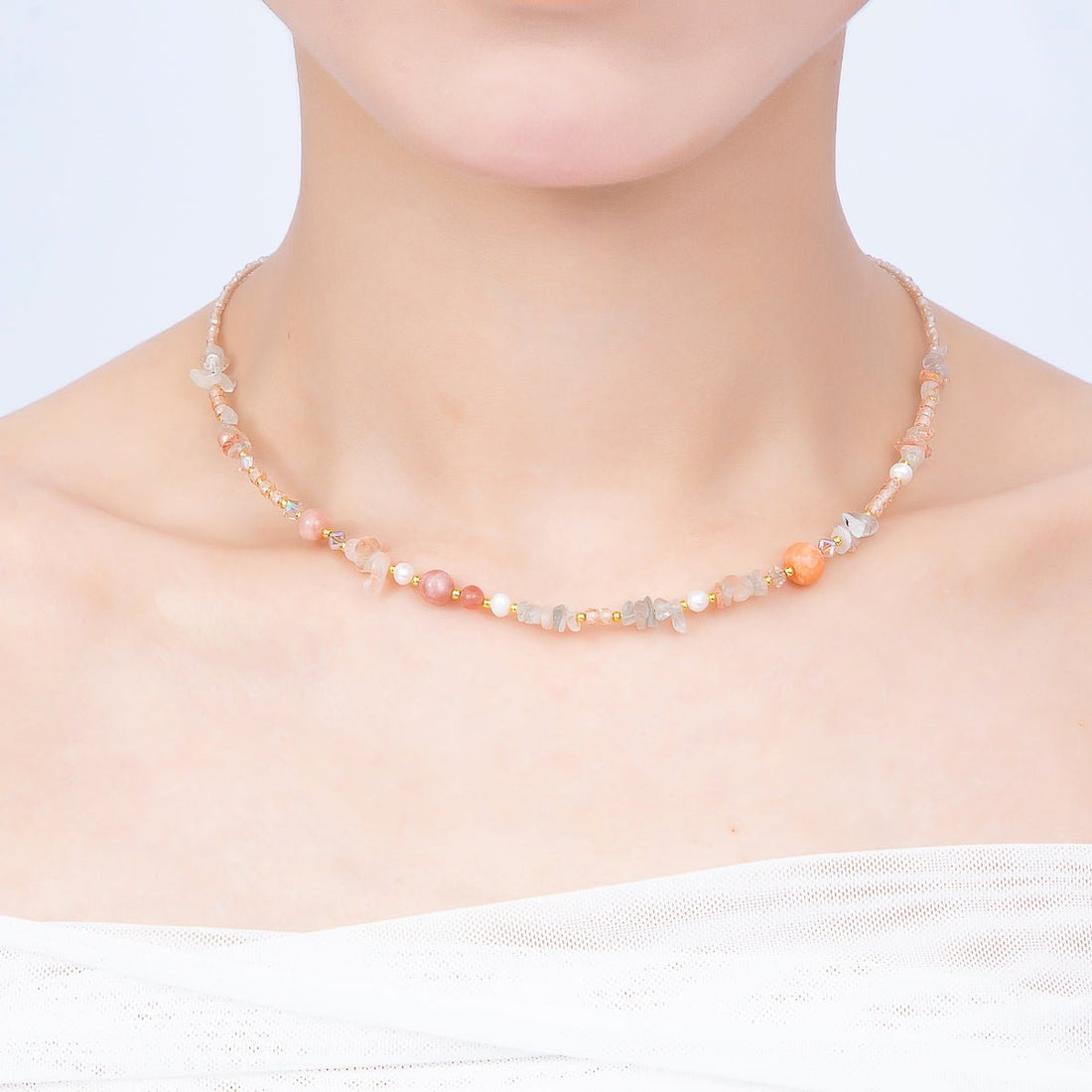 Handmade 5mm Shell Pearl Pink Quartz Blue Aquamarine Round Pebble Gemstone Chain 16 Inch Necklace | WA-04737