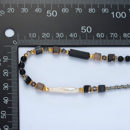 Handmade Black Onyx Beaded Chain Necklace with Mother of Pearl 14.96 Inch with Extender | WA2579