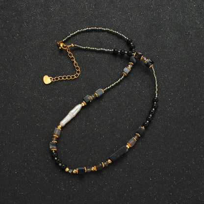 Handmade Black Onyx Beaded Chain Necklace with Mother of Pearl 14.96 Inch with Extender | WA2579