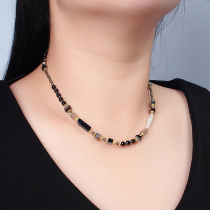 Handmade Black Onyx Beaded Chain Necklace with Mother of Pearl 14.96 Inch with Extender | WA2579