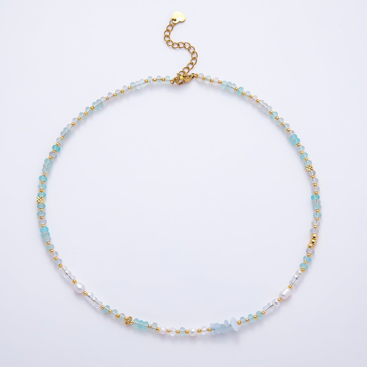 Handmade 4.2mm Blue Aquamarine AB Shell Pearl Rondelle Multifaceted Gemstone Chain 15.5 Inch Necklace | WA-04730