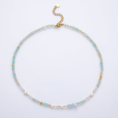 Handmade 4.2mm Blue Aquamarine AB Shell Pearl Rondelle Multifaceted Gemstone Chain 15.5 Inch Necklace | WA-04730