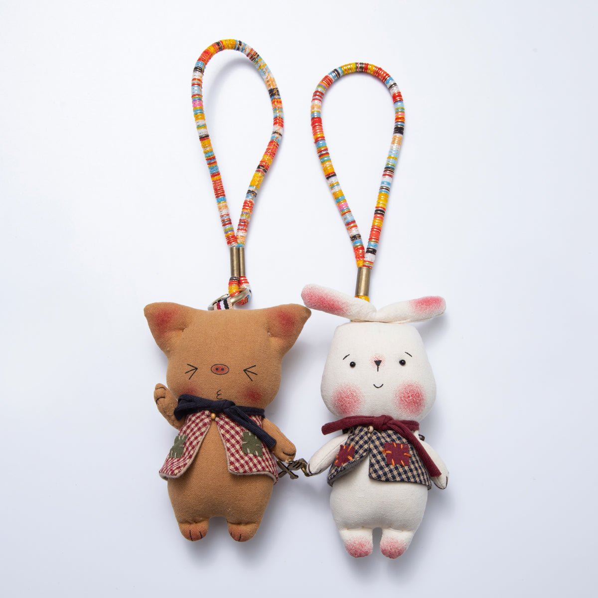 Rabbit, Pig Animal Gingham Scarf Plush Bag Charm Keychain Cord Accessories | WB-00056 WB-00057