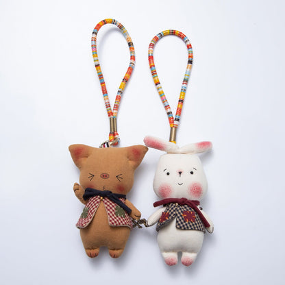 Rabbit, Pig Animal Gingham Scarf Plush Bag Charm Keychain Cord Accessories | WB-00056 WB-00057