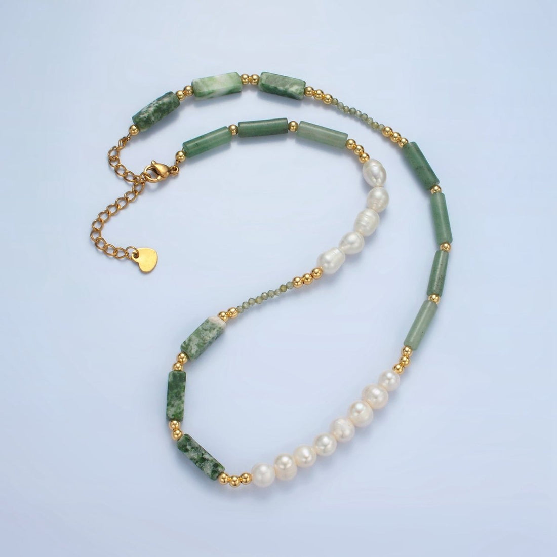 Handmade Green Jade Bead Chain Necklace with Freshwater Pearl 15.55 Inch with Extender | WA2584
