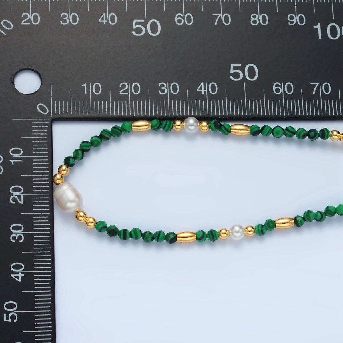 Handmade Green Malachite Beaded Chain Necklace with Freshwater Pearl 17.91 Inch with Extender | WA-A2587