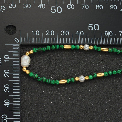 Handmade Green Malachite Beaded Chain Necklace with Freshwater Pearl 17.91 Inch with Extender | WA-A2587