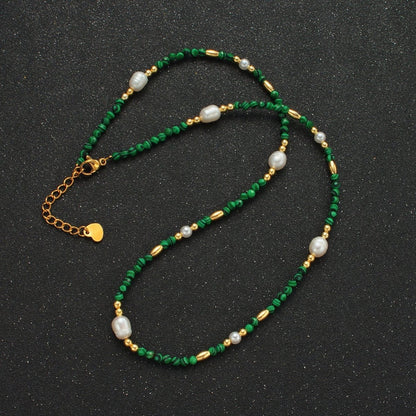 Handmade Green Malachite Beaded Chain Necklace with Freshwater Pearl 17.91 Inch with Extender | WA-A2587